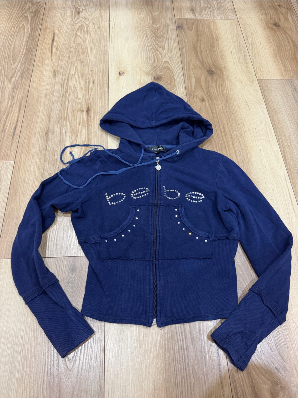 bebe Navy Rhinestone Logo Zip Hoodie